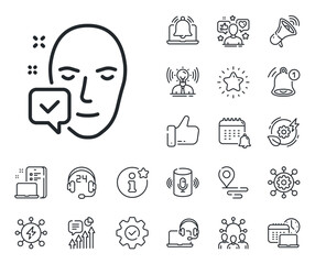 Poster - Access granted sign. Place location, technology and smart speaker outline icons. Face accepted line icon. Facial identification success symbol. Face accepted line sign. Vector
