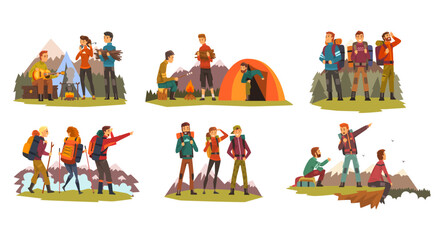 Wall Mural - People Tourist or Explorer Character with Backpack Hiking and Mountaineering Vector Set