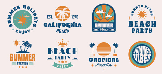 Summer holidays logos. Vintage typography. Summer beach, vacation, travel, tropical paradise emblems. Vector apparel templates