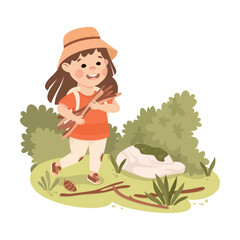 Wall Mural - Cute Girl with Backpack Hiking Gathering Brushwood Vector Illustration