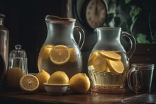 Vintage pitchers filled with lemon-infused water. Generative AI