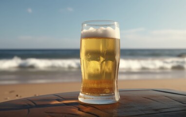 A glass of lager beer on table on a summer beach bar background light beer illustration Generative AI