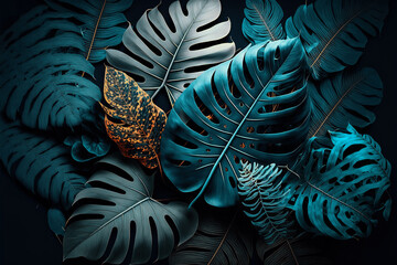 Wall Mural - Luxury tropical leaves plant and foliage exotic background abstract of dark botany . Admirable Generative AI image .