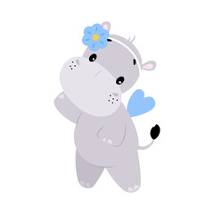 Wall Mural - Cute Hippo Character with Blue Flower on Head Vector Illustration