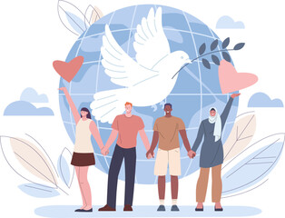 Sticker - Peace and international friendship concept. Nonviolence, white dove with branch and multicultural people group holding hands, kicky vector scene