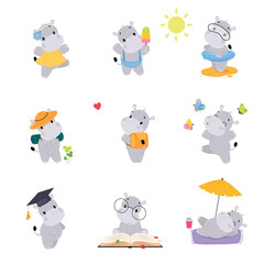 Wall Mural - Cute Hippo Character Engaged in Different Activity Vector Set