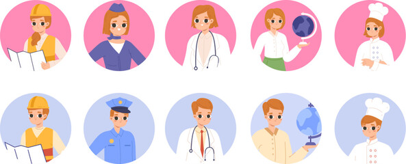 Poster - Professional cartoon avatars. Cute students and young workers, teacher, constructor and doctors. Male female professionals vector set