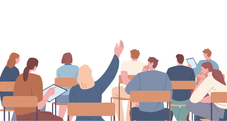 Wall Mural - Spectators or audience, students sitting on chairs on lecture. Flat male and female characters on business training, vector people group