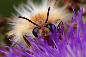 Wall Mural - bee pollinating a purple flower up close. Generative AI