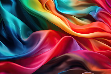 Abstract rainbow smooth silk background. Satin elegant luxury fabric. Beautiful soft folds on the surface of the fabric. Generative AI
