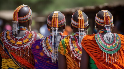 Wall Mural - A group of Samburu women adorned in colorful beadwork. Generative AI