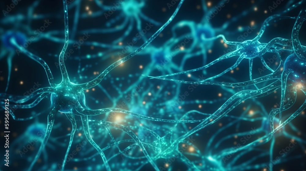 Conceptual illustration of neuron cells, close-up. AI generated