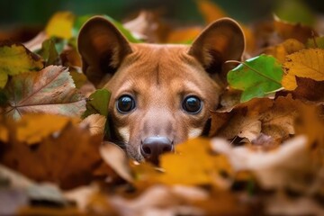 Poster - curious brown dog with blue eyes hiding in a pile of autumn leaves. Generative AI