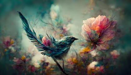 Sticker - Delicate oil painting with a bird landing on the flowers. Pastel tones. Blurred background. Generative AI.