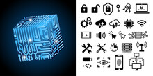 Illustration De Microprocesseur En Forme De Cube Avec Une Collection D’icônes Sur La Technologie Informatique Et L’intelligence Artificielle : Cloud, Sécurité, Réseau, Outil, Clef, Verrou, Wi-fi,, Etc