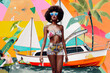 © ADDICTIVE STOCK - Generative AI illustration of calm African American woman with Afro hairstyle wearing sunglasses standing near a bot and palm trees against colorful background representing summer concept