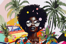 AI Generated Picture Of Fashionable Young African American Female Model With Dark Curly Hair In Stylish Colorful Shirt And Sunglasses Against Background With Palm Trees And Retro Car
