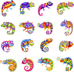 Sticker - Colorful chameleons. Exotic wild animals recent vector stylized pictures of lizards