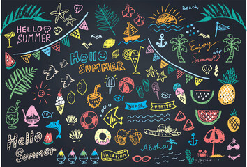 Colorful Chalkboard Art Summer Collection. Hand drawn summer icons