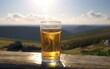 A glass of lager beer on a table on an England hills background light beer illustration Generative AI