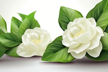 Sticker - three white flowers with green leaves on a white background. Generative AI