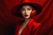 beautiful showy model in a red hat red clothes on a red background. Generative AI