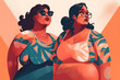 © ADDICTIVE STOCK - Generative AI illustration of two fat women with eyeglasses and summer outfit looking away while standing together against orange and white background