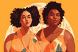 © ADDICTIVE STOCK - Generative AI image of multiracial women in summer clothes and with curly hair looking away while standing against yellow background