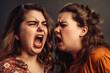 © ADDICTIVE STOCK - Generative AI image of young annoyed girlfriends screaming together while looking away on dark background