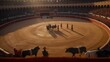 Men participating in a traditional bullfight in a stadium in Spain. Generative AI