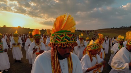 Wall Mural - Men celebrate the Ethiopian Enkutatash celebrations during sunset. Generative AI