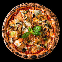 Sticker - Lunch pizza with eggplant, cheese, tomatoes, basil, tomato sauce and spices isolated on black.