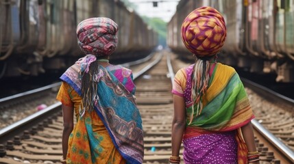 Wall Mural - Women dressed in colorful saris carrying baskets on their heads while walking on train tracks in Mumbai, India. Generative AI