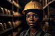 © ChaoticMind - Portrait of an African American woman wearing a protective helmet in a warehouse at her workplace generative AI