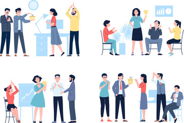 Wall Mural - Colleagues clapping and congratulation. Applaud flat workers, office businepeople clap. Work progress, partnership and business process recent vector scenes