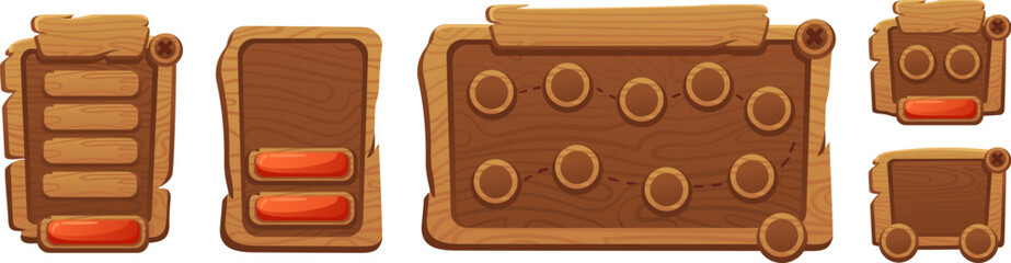 Leinwandbilder - Template for game design. Wooden boards with buttons, textures adventure map and step by step board. Isolated vector web cartoon graphic