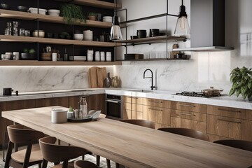 wooden kitchen with white table, marble worktops, cabinets, dish shelves, angle and mockup. generati