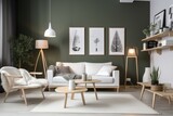 Fototapeta  - 3D rendering of a modern living room, furnished in Scandinavian style. The room features clean lines, minimalistic design, and a neutral color palette. Generative Ai