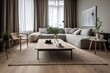 © ChaoticMind - 3D rendering of a modern living room, furnished in Scandinavian style. The room features clean lines, minimalistic design, and a neutral color palette. Generative Ai