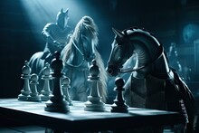 Chess Board With A Knight And Horse Piece In Play. Generative AI