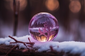 Poster - clear glass ball resting on a blanket of snow. generative ai
