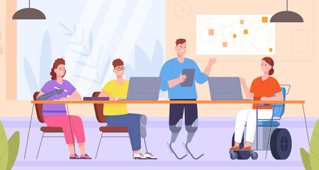 Poster - Disabled people at work. Inclusion diversity employment, disabilities colleagues working office table, handicap worker with disability or special needs splendid vector illustration