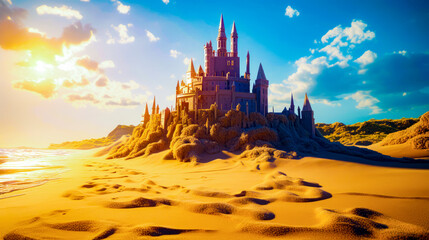 Sticker - Castle on top of sand dune in the middle of the desert. Generative AI.