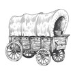 Covered wagon sketch. Old trip carriage, vintage horse vehicles drawing, wooden farming tent cart traditional western trravel cowboy pioneer vehicle ingenious vector illustration