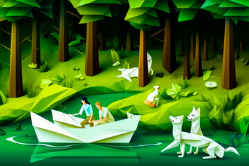 Man and woman are in paper boat in lake surrounded by animals. Generative AI.