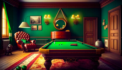 Wall Mural - Green room with pool table and chair and mirror on the wall. Generative AI.