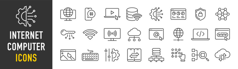 Wall Mural - Internet computer web icons in line style. Cloud technology, data center, connection network, digital service, database platform, collection. Vector illustration.