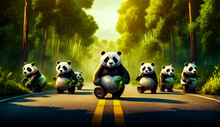 Group Of Pandas Riding On The Back Of Motorcycle Down Road. Generative AI.