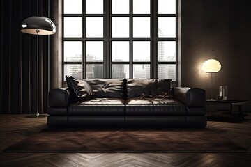 Wall Mural - cozy living room with a comfortable couch and warm lighting from a standing lamp. Generative AI