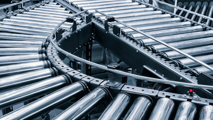 Poster - Crossing of the roller conveyor, Production line conveyor roller transportation objects